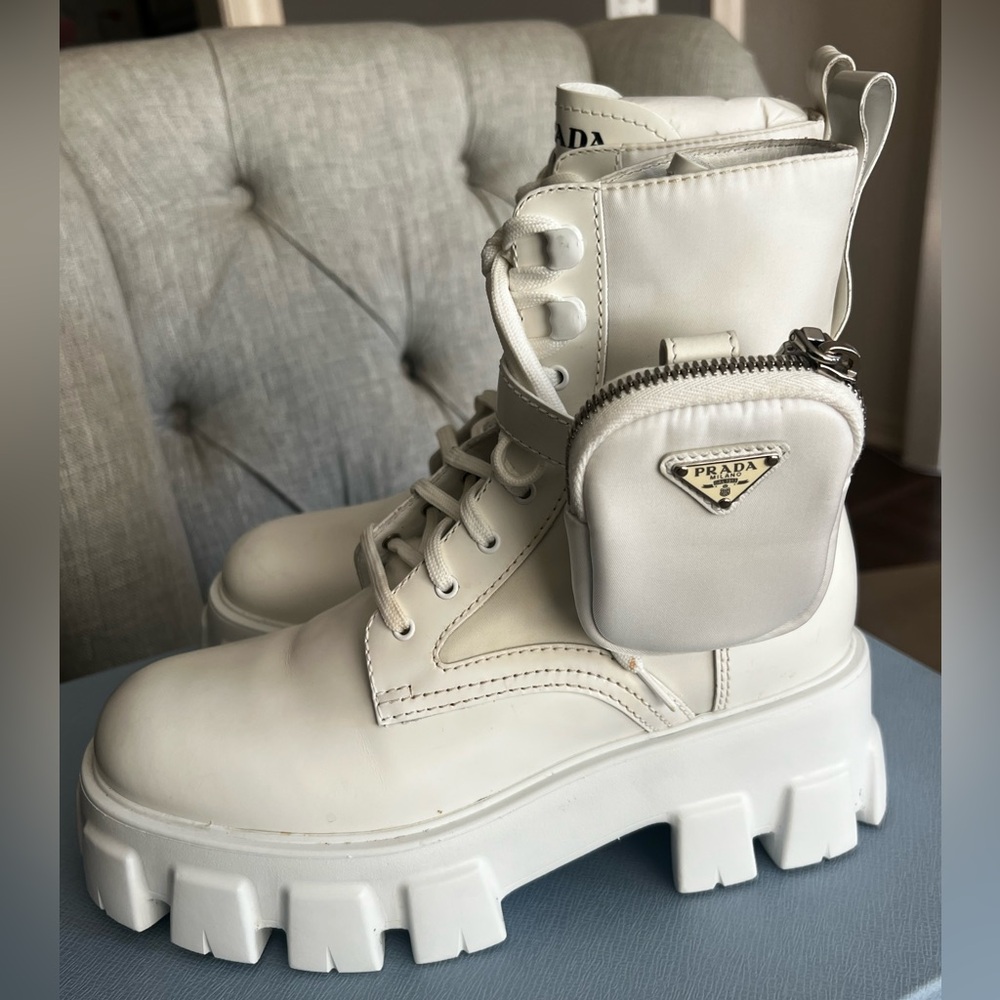 Prada Monolith White Leather & Re-Nylon Lace-Up Boot with Detachable Pouch Sz 39